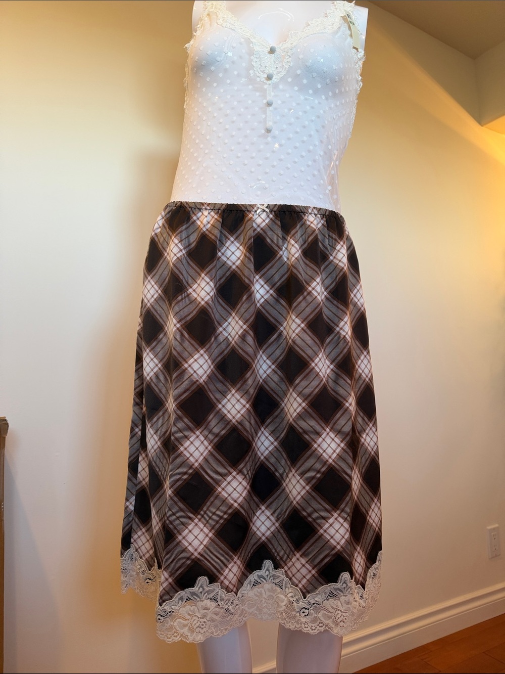 NWT Overstept Brown Plaid Lace Trim Midi Skirt M